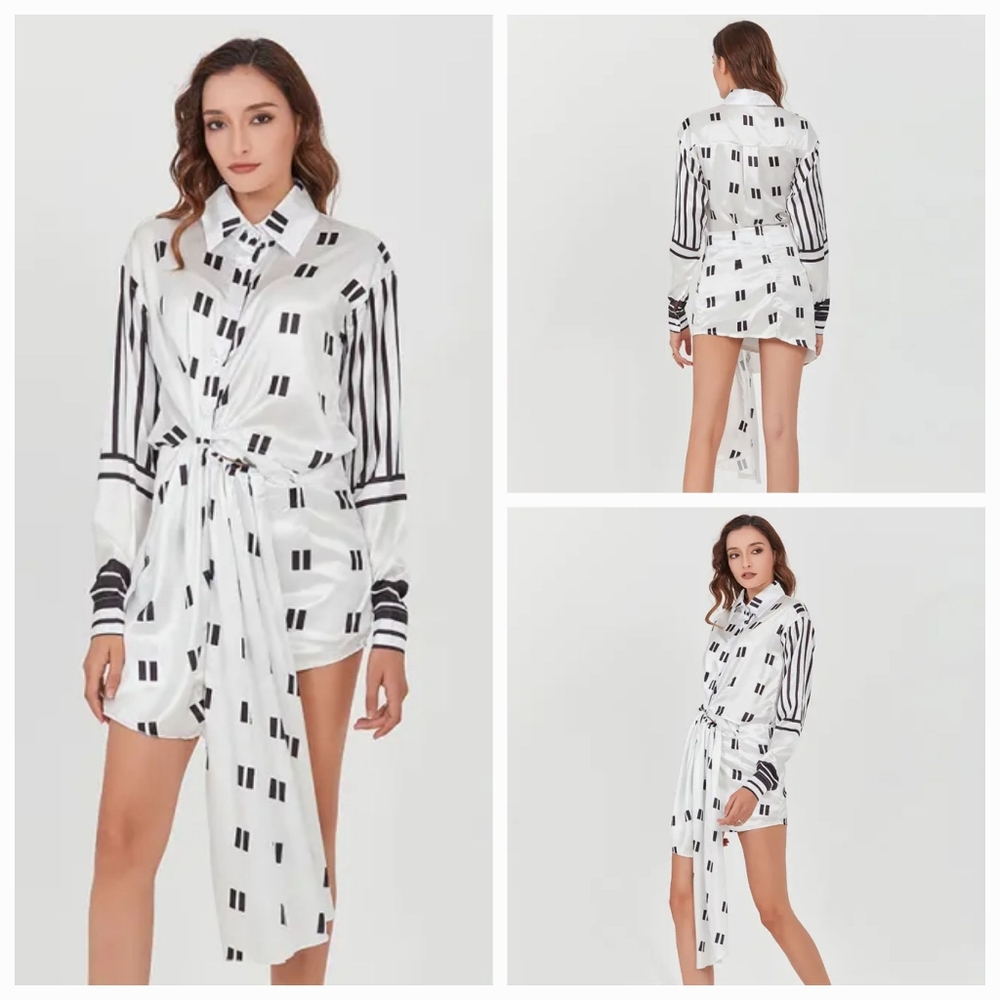 NWT TwoTwinStyle Striped Cross Ruched Asymmetric Hem Dress White/Black Sz Small